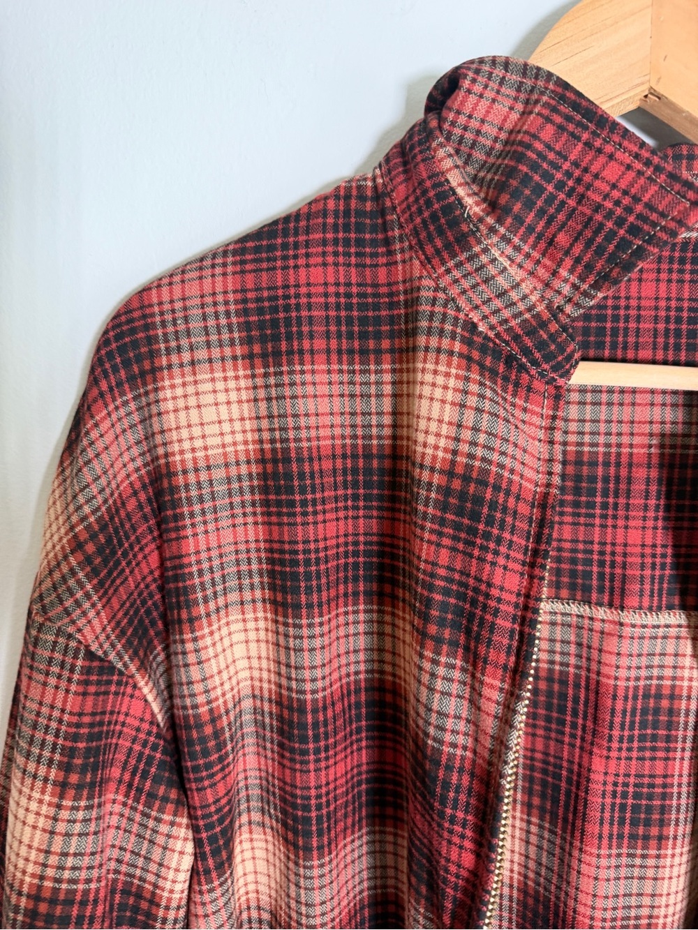 Full Zip Plaid Flannel Shirt Long Sleeve Red Brown Shacket Oversized Top Sz Larg - Picture 6 of 11